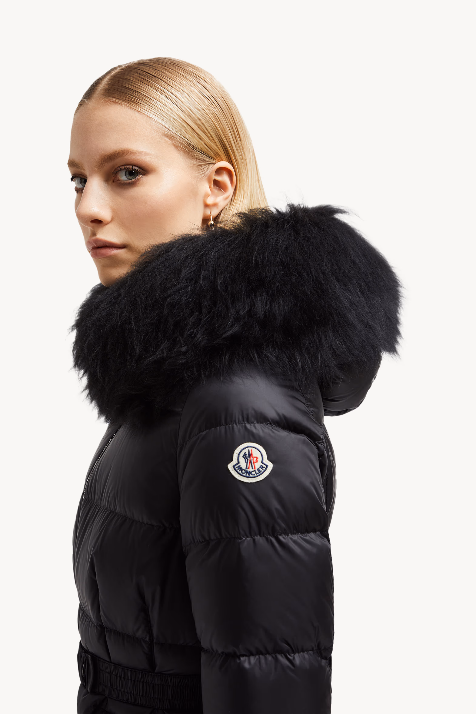 Boed Hooded Shearling-Trimmed Short Down Jacket Women Black Moncler 4